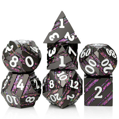 Striped Metal Dice Set - Black with Purple stripe
