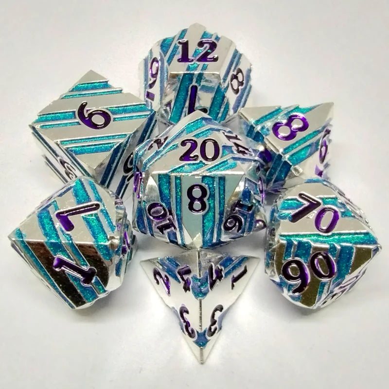 Striped Metal Dice Set - Silver with Green stripe