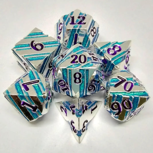Striped Metal Dice Set - Silver with Green stripe