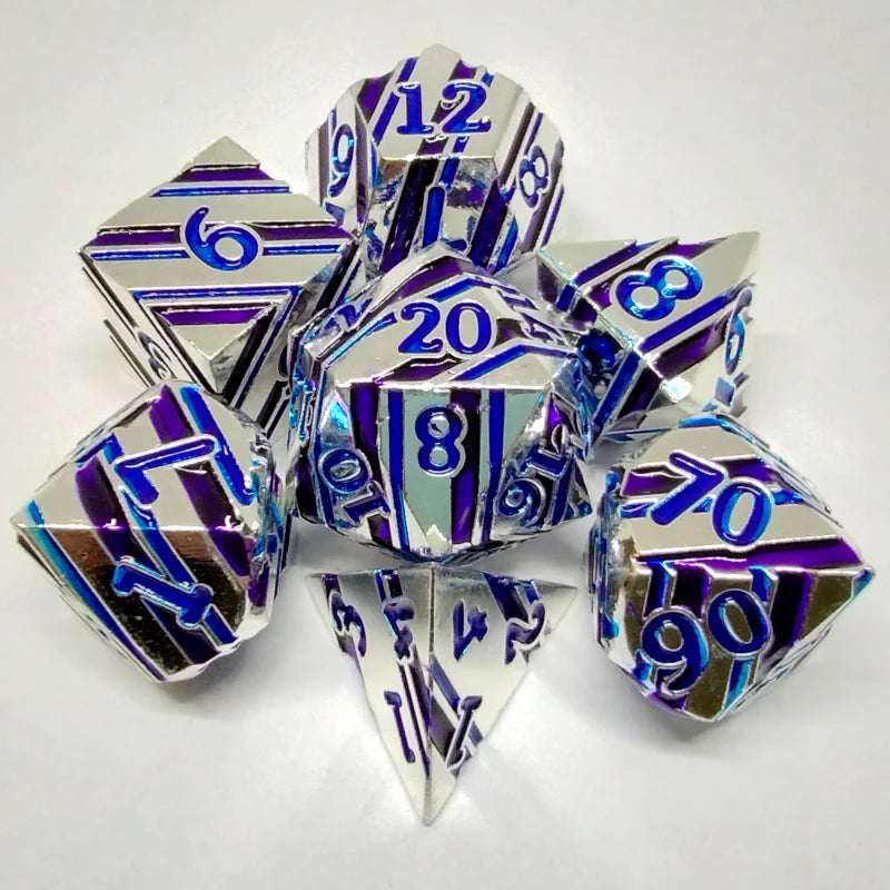 Striped Metal Dice Set - Silver with Blue-Purple stripe
