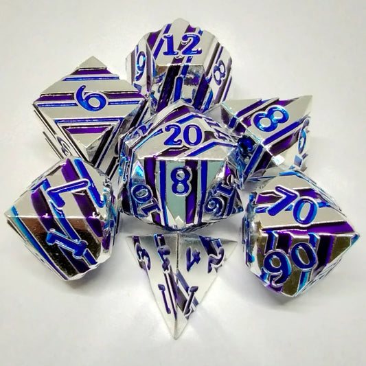 Striped Metal Dice Set - Silver with Blue-Purple stripe