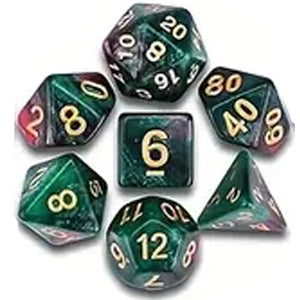 7 Polyhedral Abyss Dice Set - Marble Green-Red / Gold (AB0039)