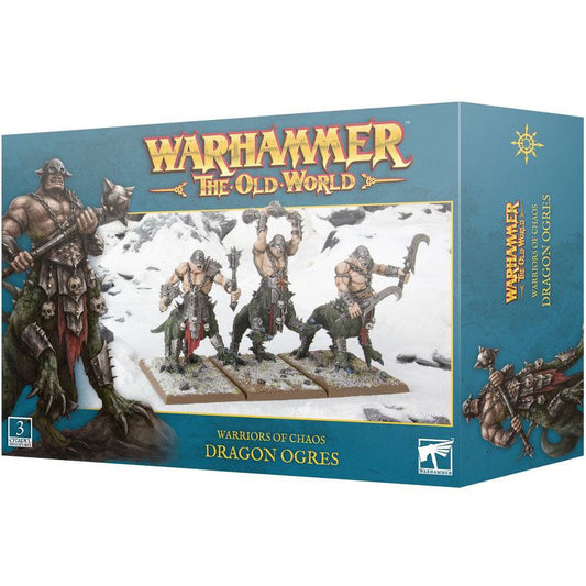 Boxed miniature model kit of Warhammer The Old World Dragon Ogres, featuring three fantasy creatures with a scaly hide and armor, preparing for battle on draconic legs.