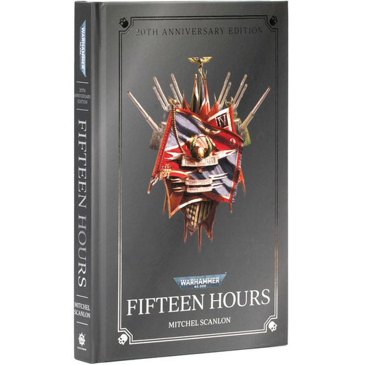 A book cover for 'Black Library - Fifteen Hours - 20th anniversary edition', featuring a grey background with a stylized Imperial Guard emblem and text.