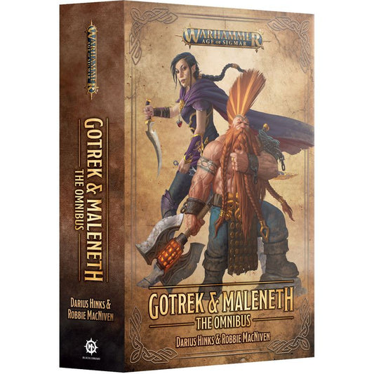 A book cover featuring two fantasy characters, one with a large axe, set against a backdrop of a desolate landscape with a magical theme.