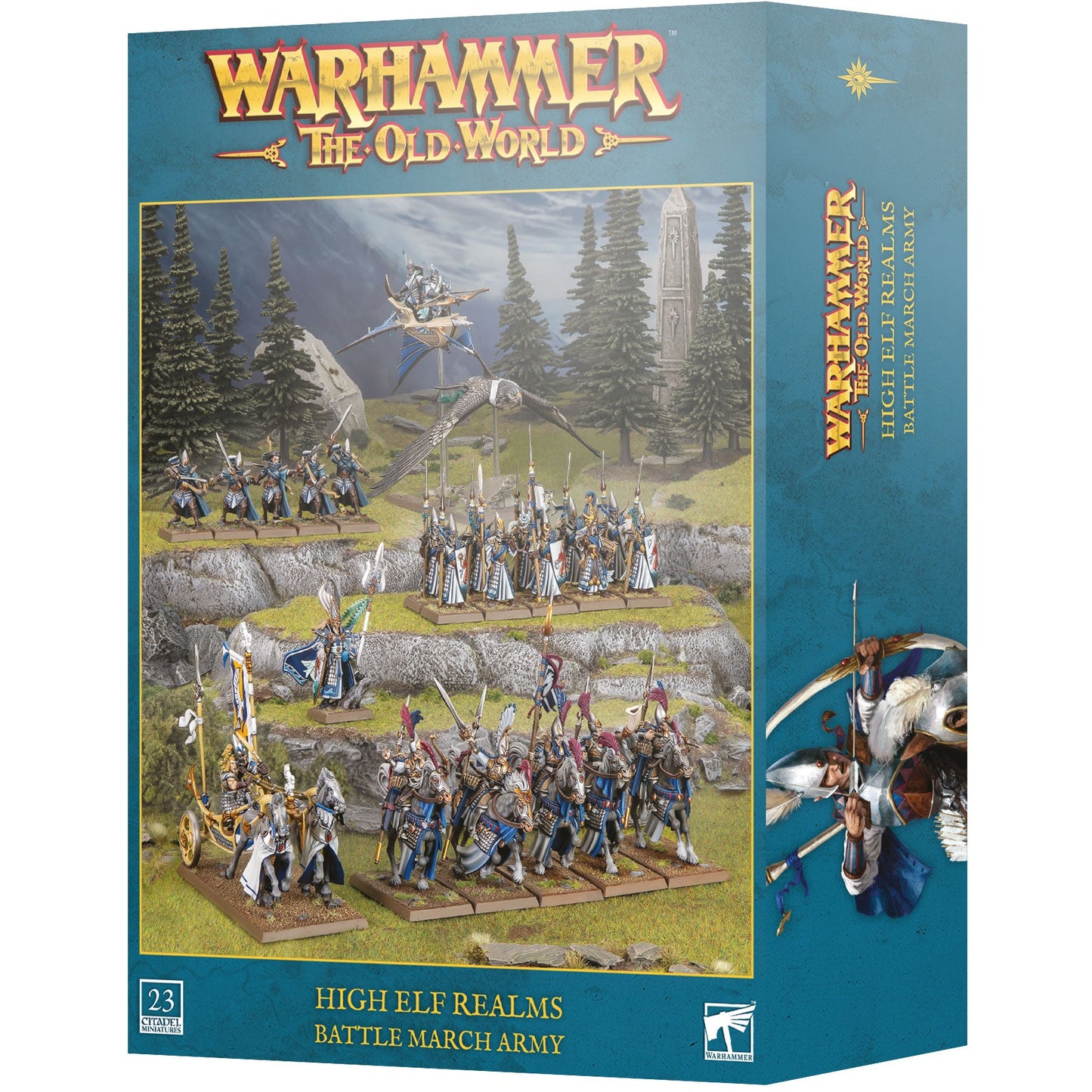Warhammer: The Old World High Elf Realms Battle March Army box set, featuring a teal packaging design with a detailed fantasy battle scene illustration on the front and the Warhammer logo at the top.
