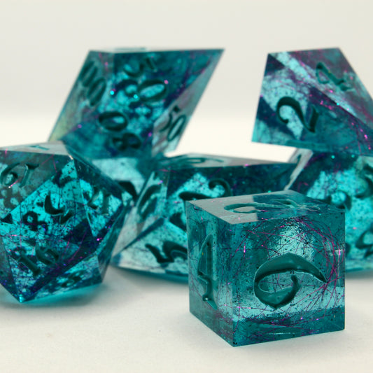 Sweet Dice - Polyhedral Resin - Clear Teal  & Pink Fairy Sparkle