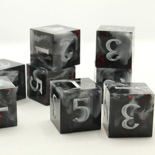 Sweet Dice - D6 Resin - Black & White Shadows / Ruby Shards