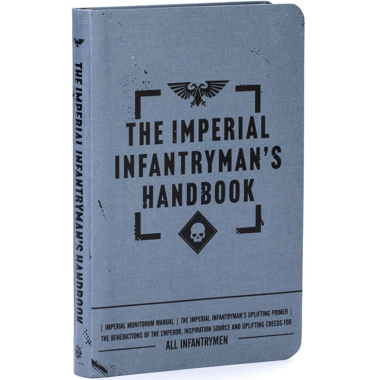 Cover of 'The Imperial Infantryman's Handbook' book with a grey and black design, featuring text and a skull and crossbones emblem.