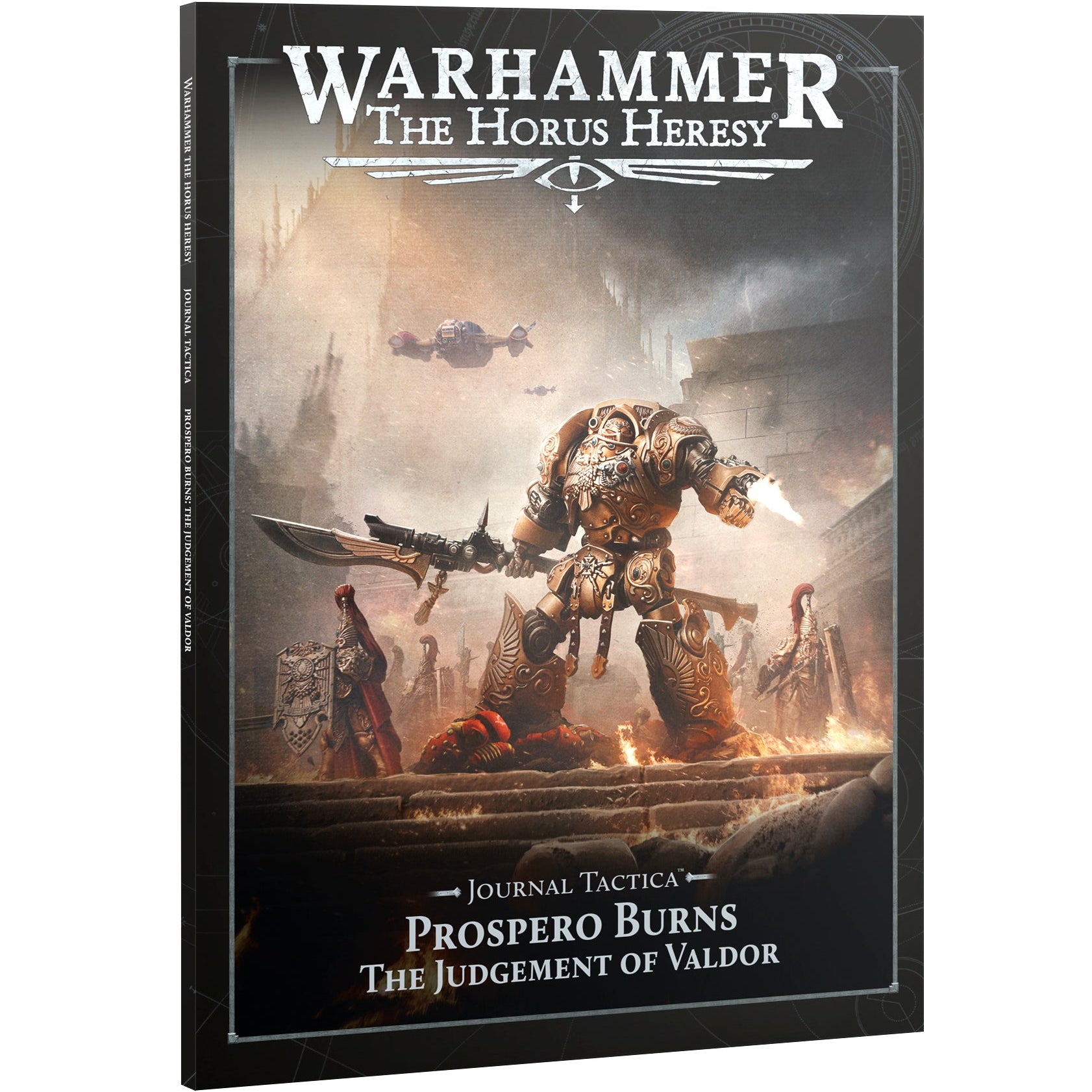 Warhammer: The Horus Heresy Journal Tactics 'Prospero Burns' book cover, featuring a detailed sci-fi battle scene with a large armored warrior and smoke-filled battlefield, shown as a 3D book mockup on a white background.