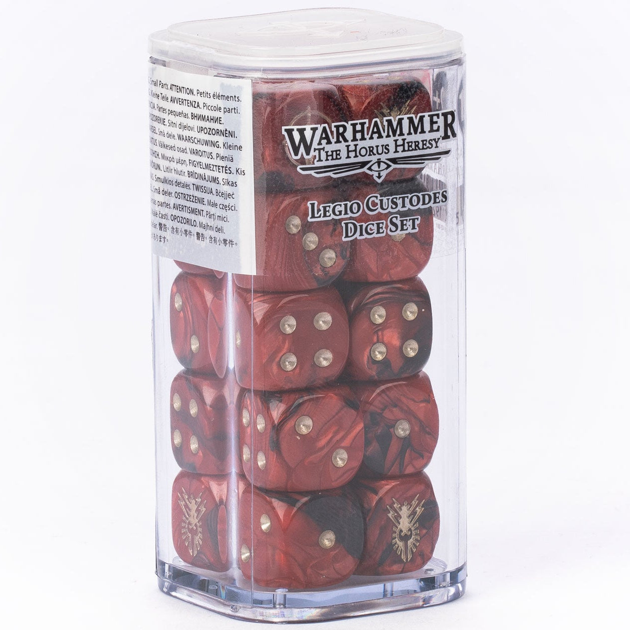 A clear plastic cylindrical container holding red polyhedral dice, with a printed Warhammer 40k logo label on the front. The product is photographed on a seamless white background.