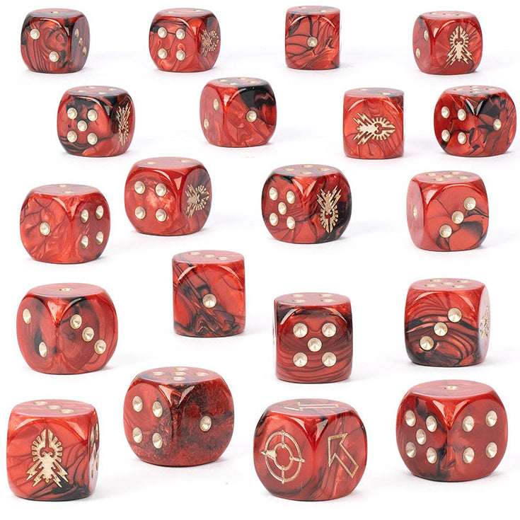 A set of red and black marbled Warhammer 40k polyhedral dice with gold metallic accents, arranged in a grid on a white background with a Warhammer Community logo in the top right corner.