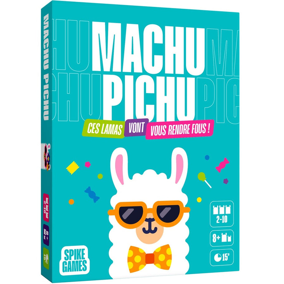 Board game box for 'Machu Pichu' with a llama character wearing sunglasses on a teal background.