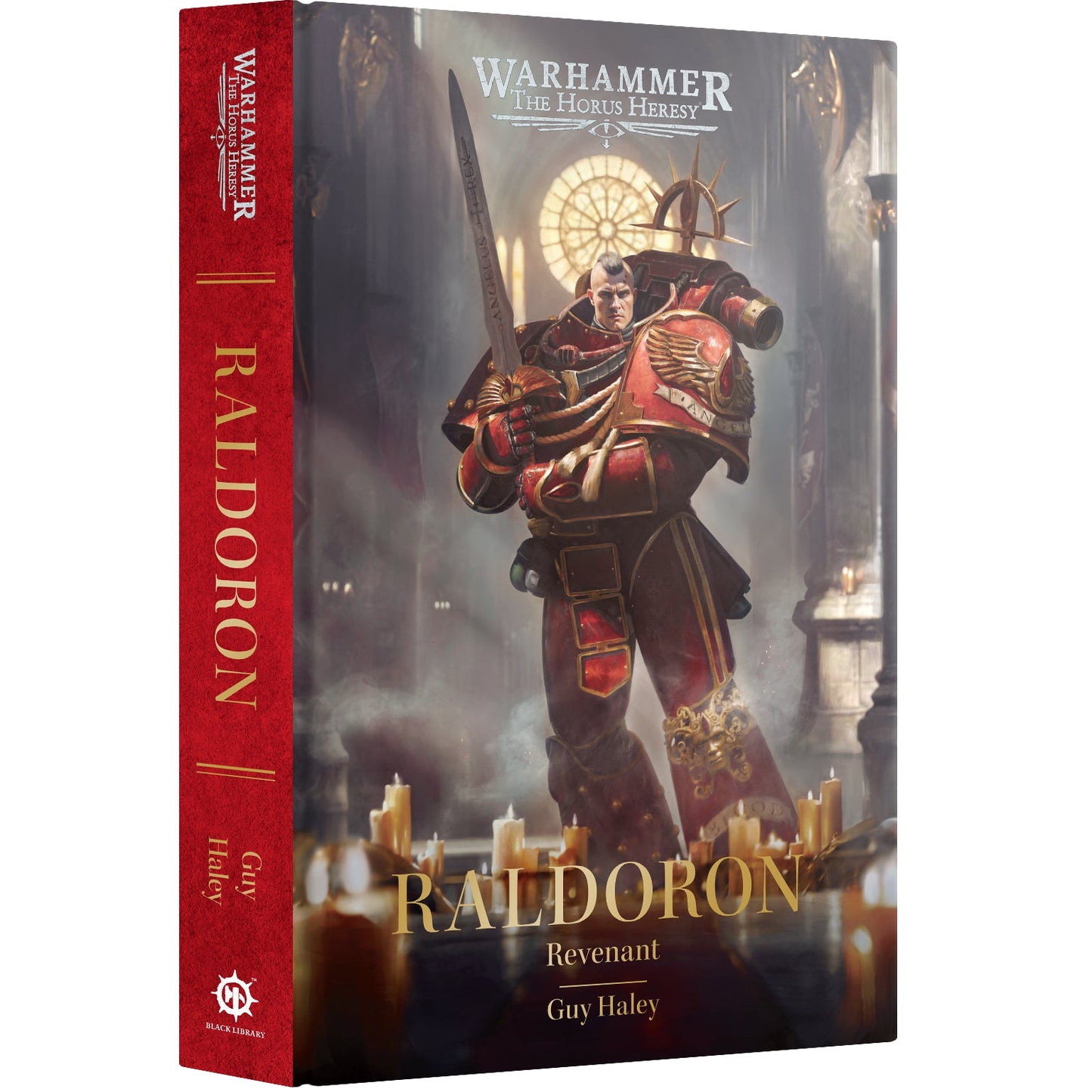 Warhammer 40k Revenant Raldoron book by Guy Haley, featuring a red spine and cover with a detailed illustration of a Warhammer Revenant in red armor.