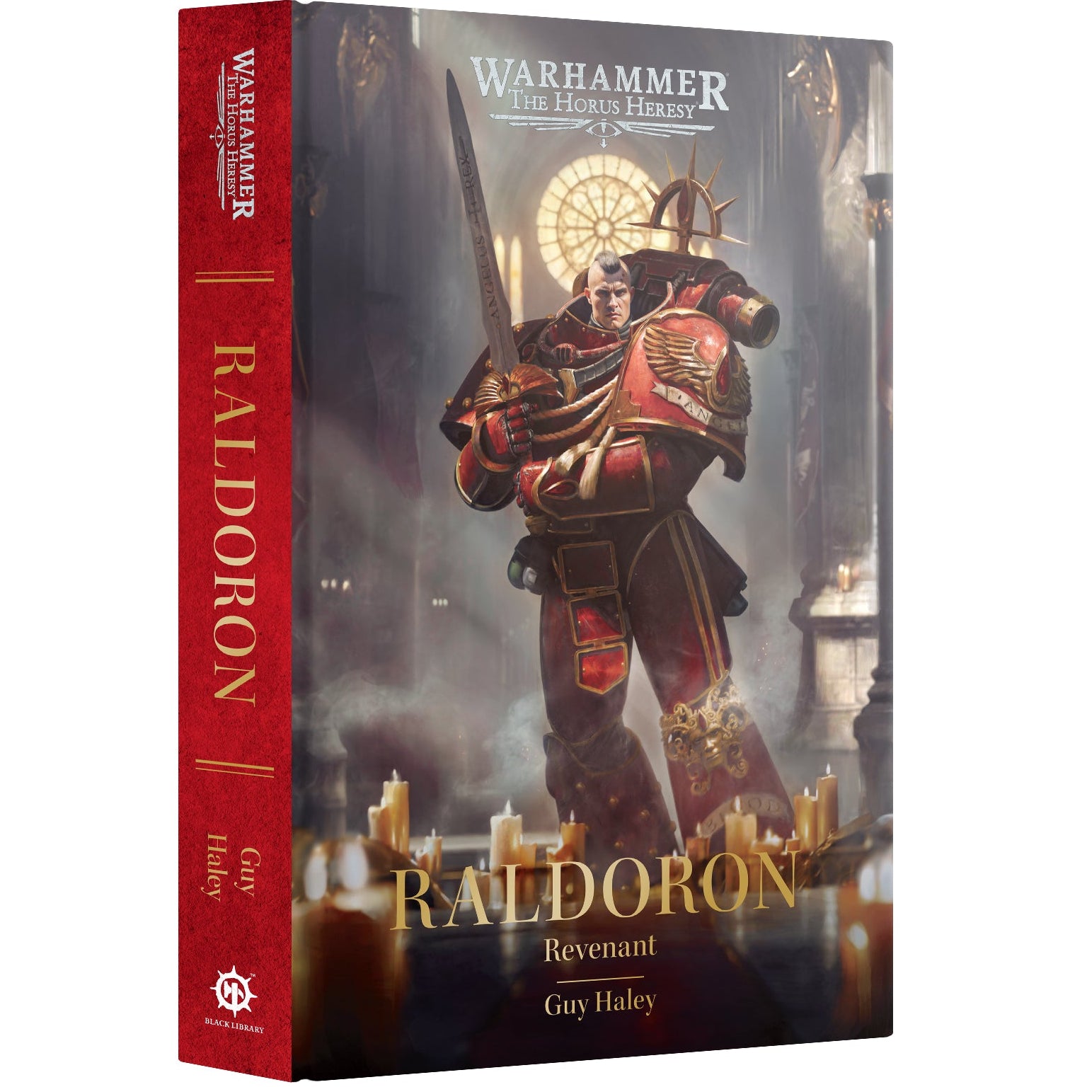Warhammer 40k Revenant Raldoron book by Guy Haley, featuring a red spine and cover with a detailed illustration of a Warhammer Revenant in red armor.