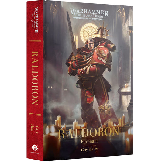 Warhammer 40k Revenant Raldoron book by Guy Haley, featuring a red spine and cover with a detailed illustration of a Warhammer Revenant in red armor.
