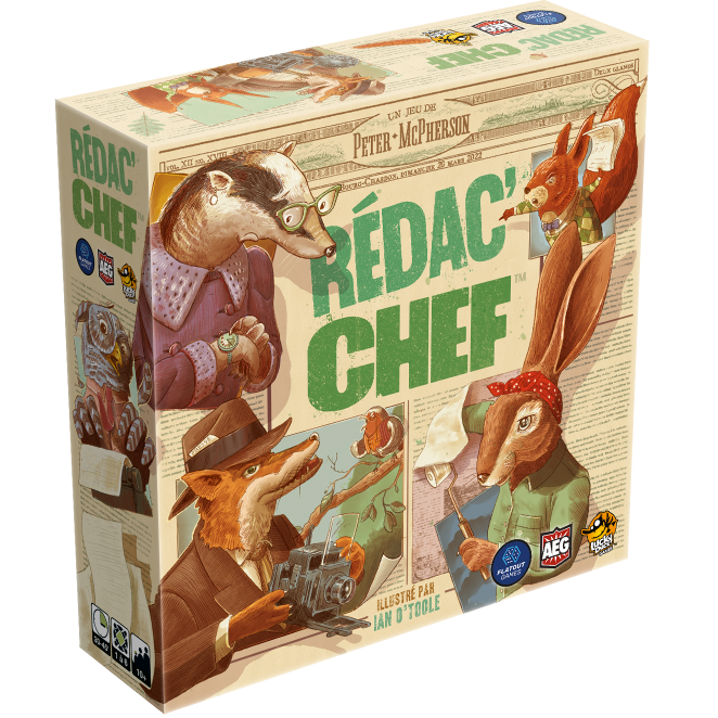 Board game box titled 'Rédacteur Chef' with animal illustrations on a white background