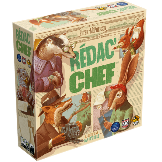 Board game box titled 'Rédacteur Chef' with animal illustrations on a white background