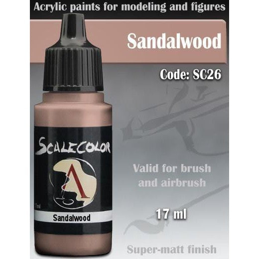 A bottle of Scalecolor Sandalwood acrylic paint in a 17 ml size, with a label that includes the product name and the fact that it is valid for brush and airbrush use, and has a super-matt finish.