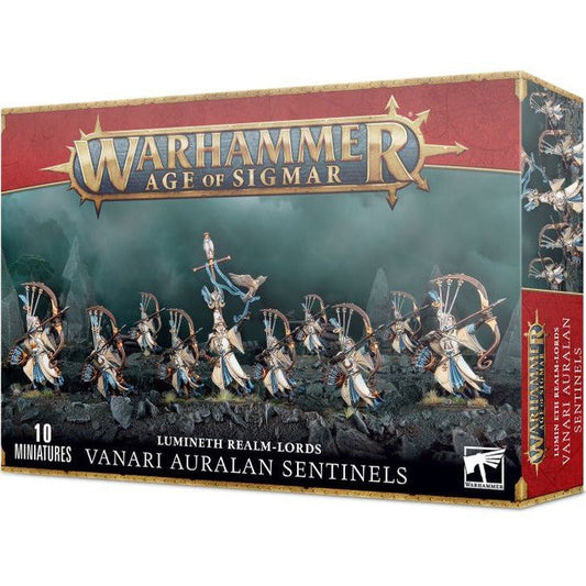Boxed set of Warhammer Age of Sigmar Lumineth Realm-Lords Vanari Auralan Sentinels miniatures.