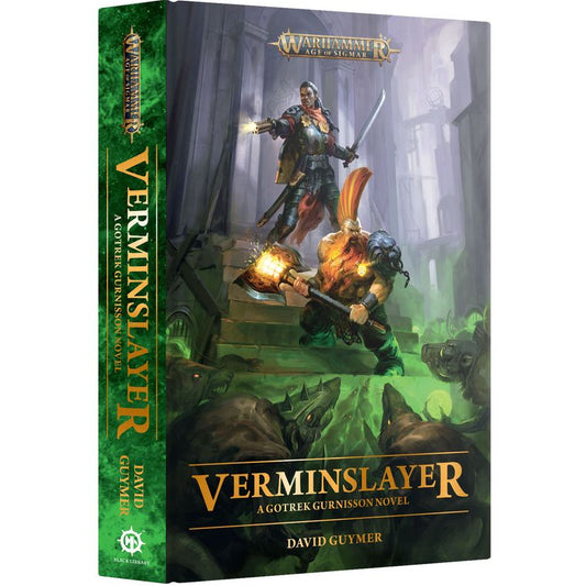 A book cover for 'Black Library - Gotrek Gurnisson: Verminslayer' featuring an illustration of a fantasy novel character, a knight, in combat pose with a sword and shield, against a backdrop of a dark forest and mystical lights.