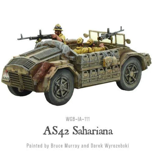 A scale model of an Italian AS42 Sahariana desert vehicle from World War II, painted by Bruce Murray and Darek Wyrzykowski, displayed with branding for Bolt Action.