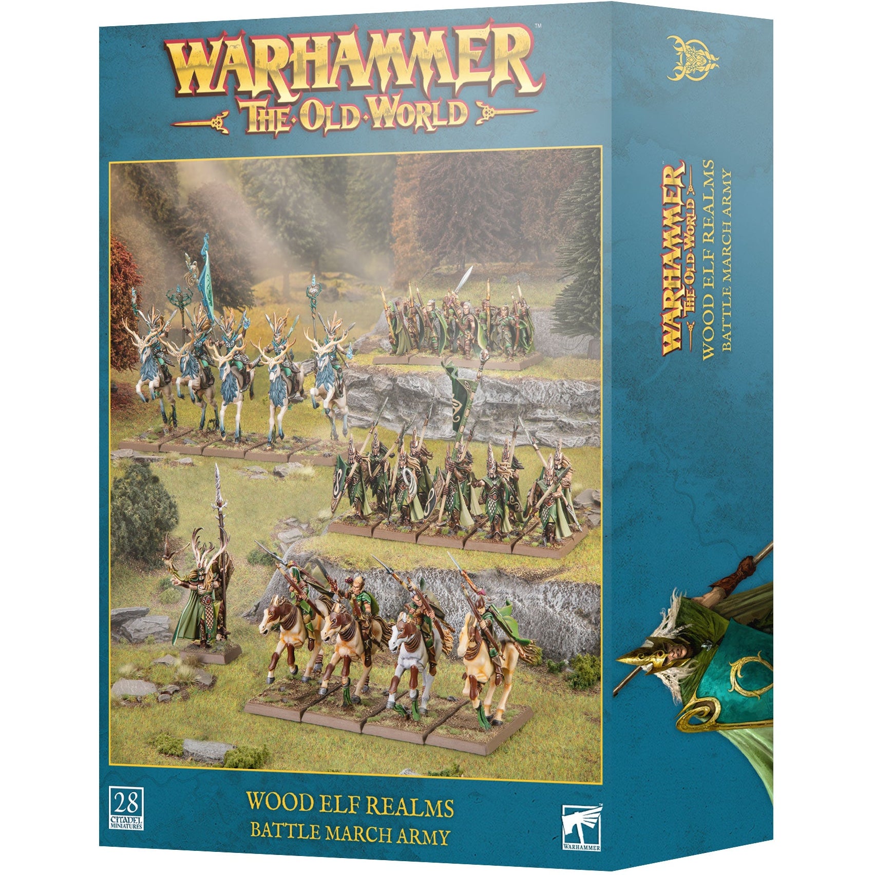 Warhammer: The Old World Wood Elf Realms Battle March Army box set by 23 Games, featuring a teal box with a detailed illustration of painted fantasy armies and the Warhammer logo.