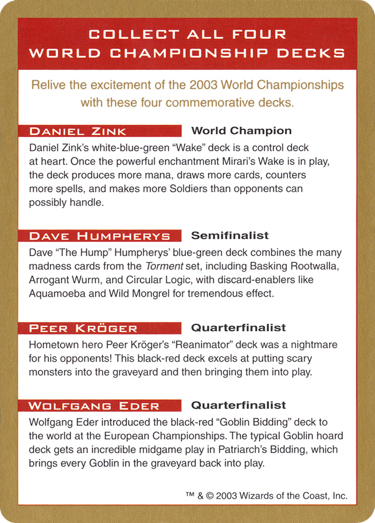 2003 World Championship Advertisement Card [World Championship Decks]