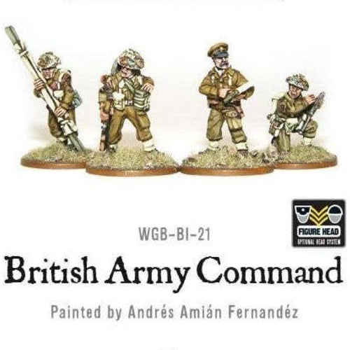 A set of four metal miniature figures representing the British Army Command for the WGB-BI-21 rule set, including an officer with a map, a radio operator, a subaltern, and a medic with a stretcher.