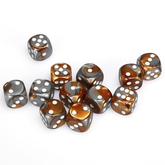 12 D6 Gemini 16mm Dice Copper-Steel/whte - CHX26624 - Abyss Game Store