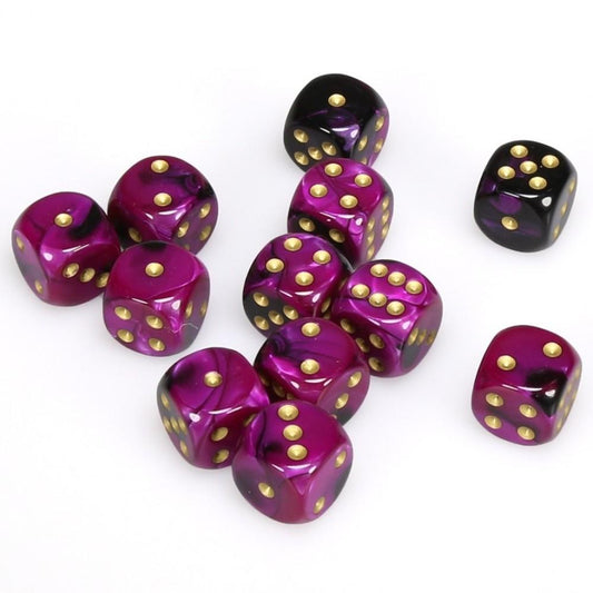 12 D6 Gemini 16mm Dice Black-Purple w/gold - CHX26640 - Abyss Game Store
