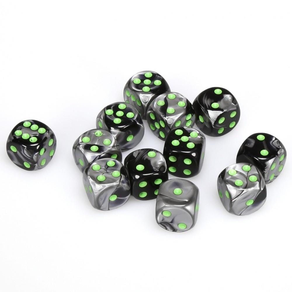 12 D6 Gemini 16mm Dice Black-Grey w/green - CHX26645 - Abyss Game Store