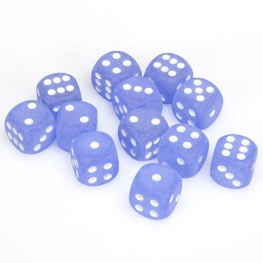 12 D6 Frosted 16mm Dice Blue w/white - CHX27606 - Abyss Game Store