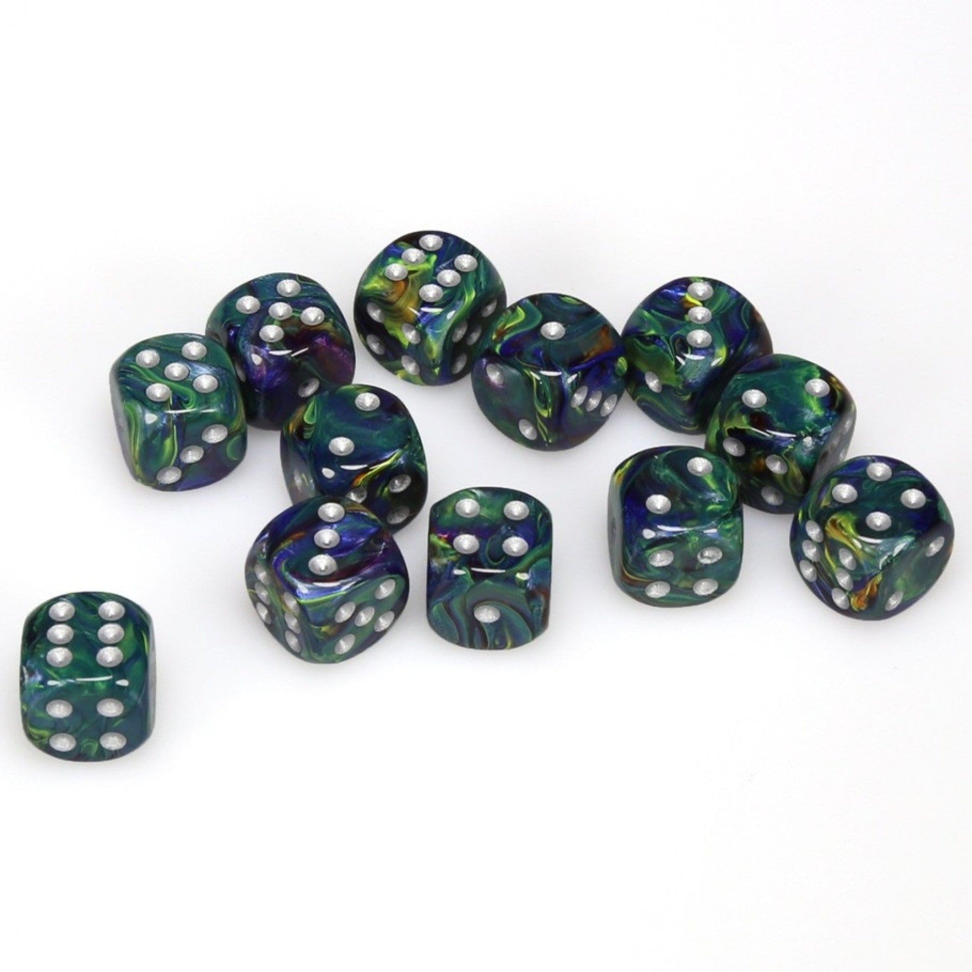 12 D6 Festive 16mm Dice Green w/silver - CHX27645 - Abyss Game Store