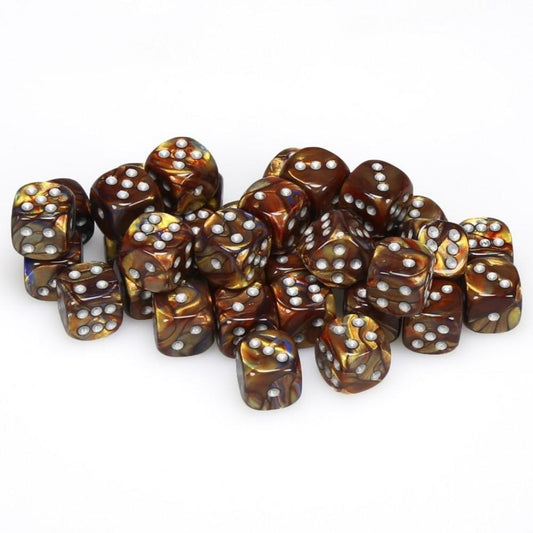 36 D6 Lustrous 12mm Dice Gold w/silver - CHX27893
