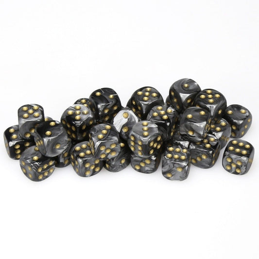 36 D6 Lustrous 12mm Dice Black w/gold - CHX27898