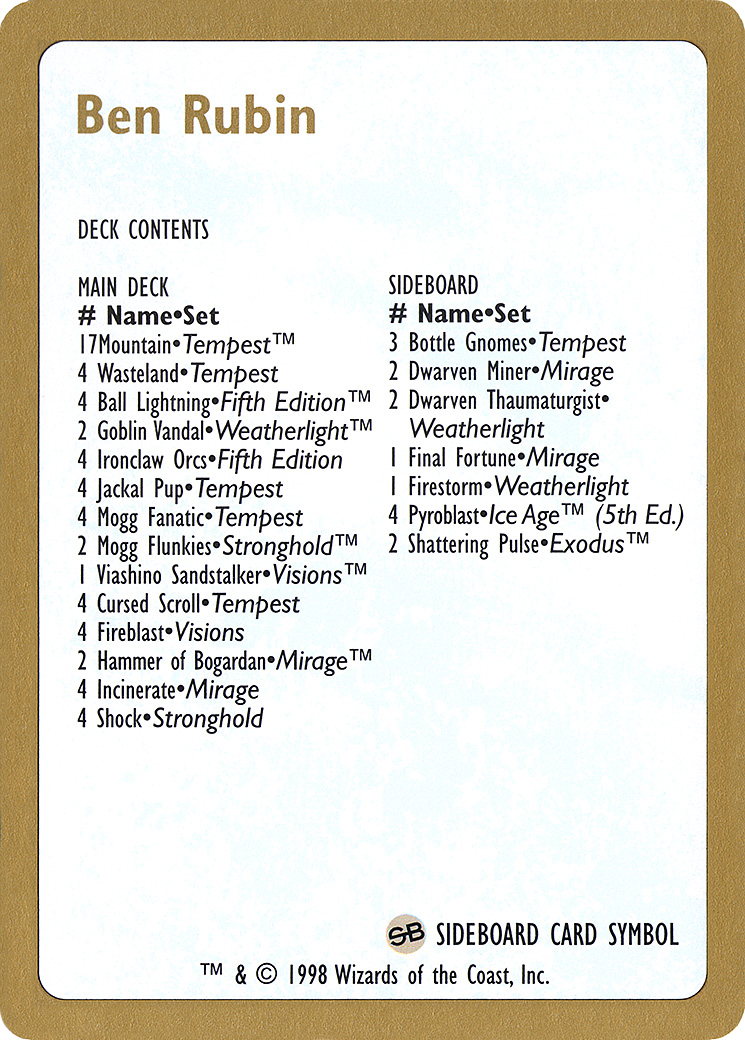 1998 Ben Rubin Decklist Card [World Championship Decks]