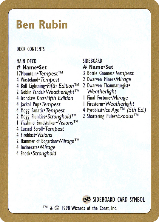 1998 Ben Rubin Decklist Card [World Championship Decks]
