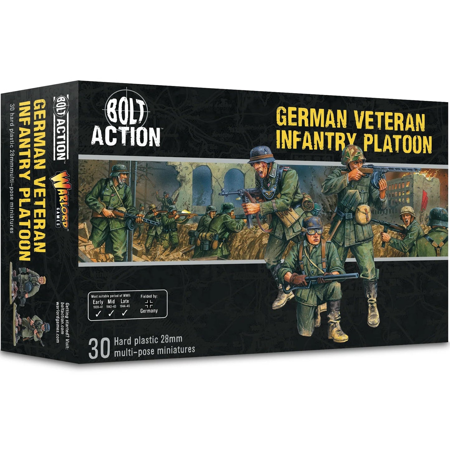 Product image for Bolt Action German Veteran Infantry Platoon miniature set, showing the box art with illustrations of the figures and a brief description.