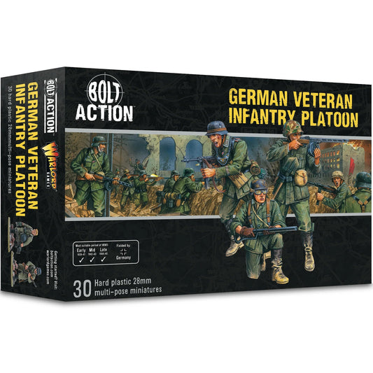 Product image for Bolt Action German Veteran Infantry Platoon miniature set, showing the box art with illustrations of the figures and a brief description.