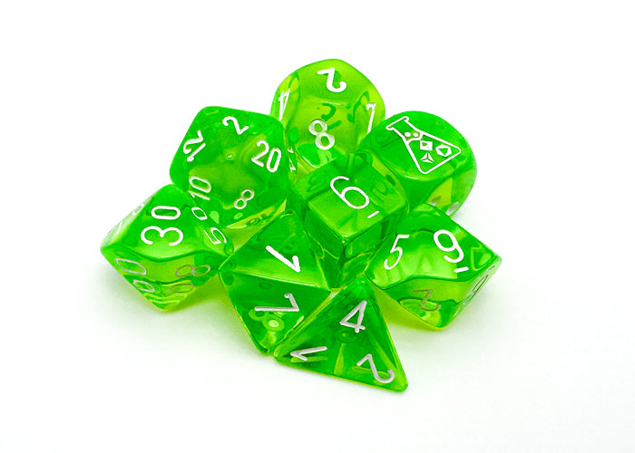 7 Polyhedral Dice Set Lab Dice - Transluscent Rad Green/White - CHX30062
