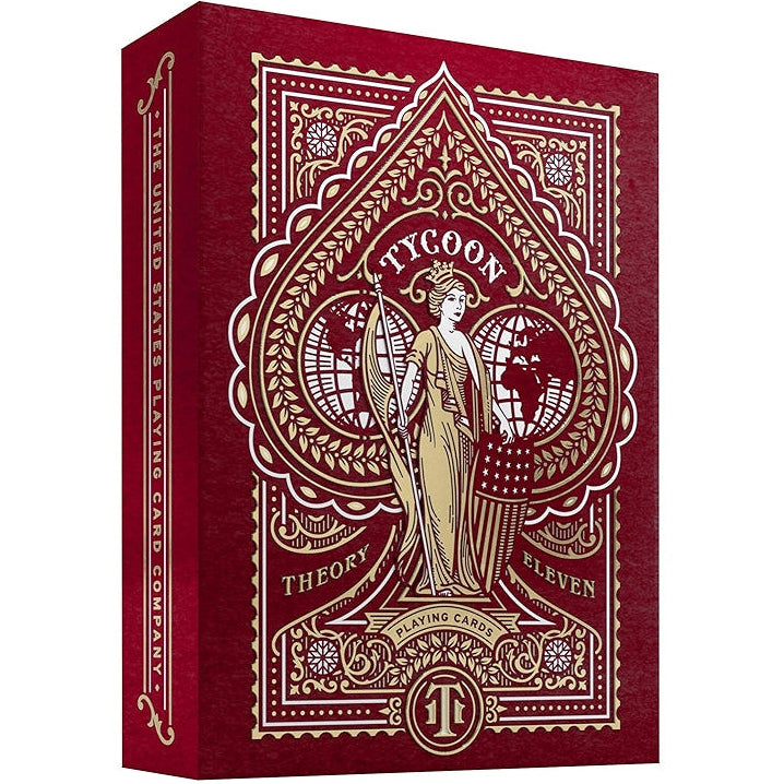 Red and gold playing card box with 'Theory 11' branding on a white background